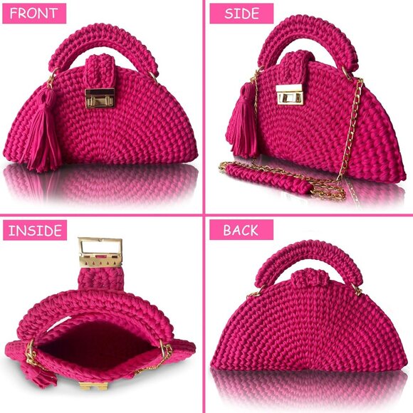 Women's Handmade Crochet Pink Evening Clutch Small Formal Flap Crossbody Bag - Picture 5 of 6